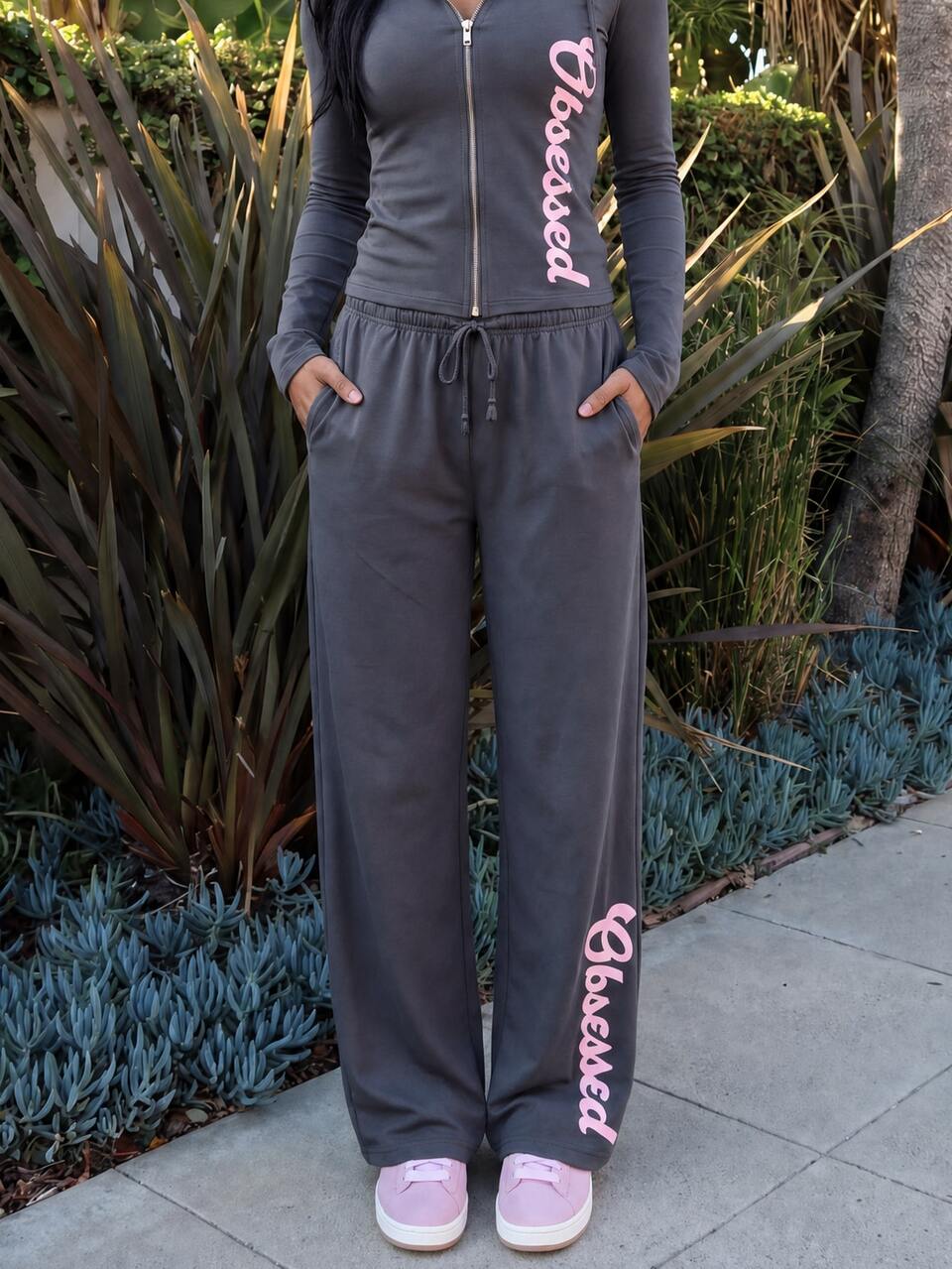 MISSGUIDED TEEN Obsessed Graphic Wide Leg Casual Pants With Drawstring Waist And Side Pockets Full Length Loungewear Bottoms