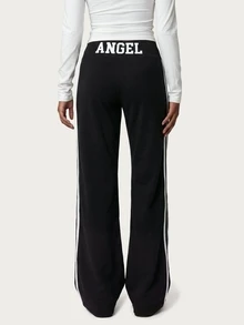 MISSGUIDED TEEN Wide Leg High Rise Track Pants With Logo Waistband And White Side Stripes Full Length Casual Style - Black and White - View 1