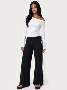 MISSGUIDED TEEN Wide Leg High Rise Track Pants With Logo Waistband And White Side Stripes Full Length Casual Style - Black and White - View 3