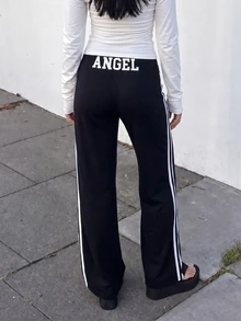 MISSGUIDED TEEN Wide Leg High Rise Track Pants With Logo Waistband And White Side Stripes Full Length Casual Style - Black and White - View 6