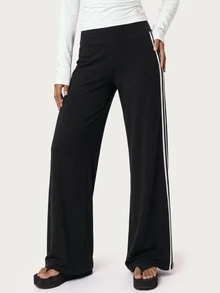 MISSGUIDED TEEN Wide Leg High Rise Track Pants With Logo Waistband And White Side Stripes Full Length Casual Style - Black and White - View 4