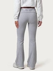 MISSGUIDED TEEN Heather Grey Flared Flare Leg Fold Over Waistband Casual Pants With Sequin Angel Wing Detail Full Length Stretch Knit Bootcut Trousers - Light Grey - View 1
