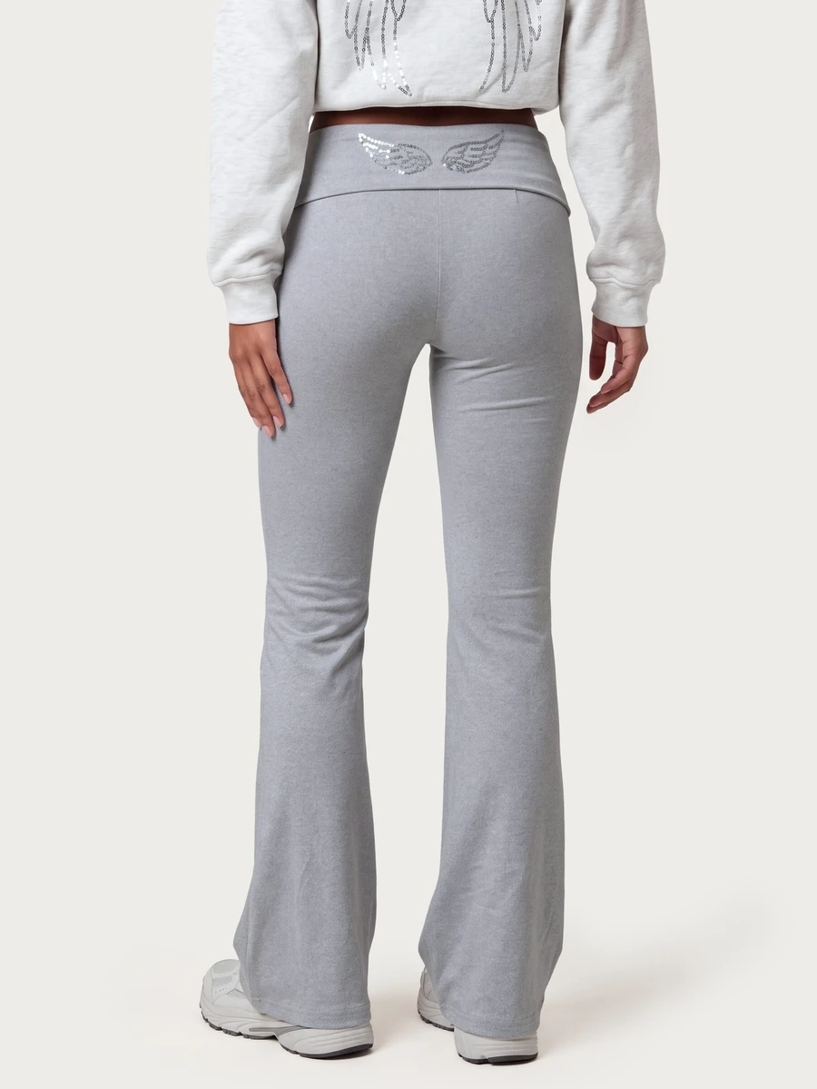 MISSGUIDED TEEN Heather Grey Flared Flare Leg Fold Over Waistband Casual Pants With Sequin Angel Wing Detail Full Length Stretch Knit Bootcut Trousers - Light Grey - View 1