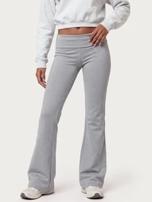 MISSGUIDED TEEN Heather Grey Flared Flare Leg Fold Over Waistband Casual Pants With Sequin Angel Wing Detail Full Length Stretch Knit Bootcut Trousers - Light Grey - View 2