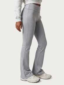 MISSGUIDED TEEN Heather Grey Flared Flare Leg Fold Over Waistband Casual Pants With Sequin Angel Wing Detail Full Length Stretch Knit Bootcut Trousers - Light Grey - View 4