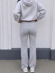 MISSGUIDED TEEN Heather Grey Flared Flare Leg Fold Over Waistband Casual Pants With Sequin Angel Wing Detail Full Length Stretch Knit Bootcut Trousers - Light Grey - View 6