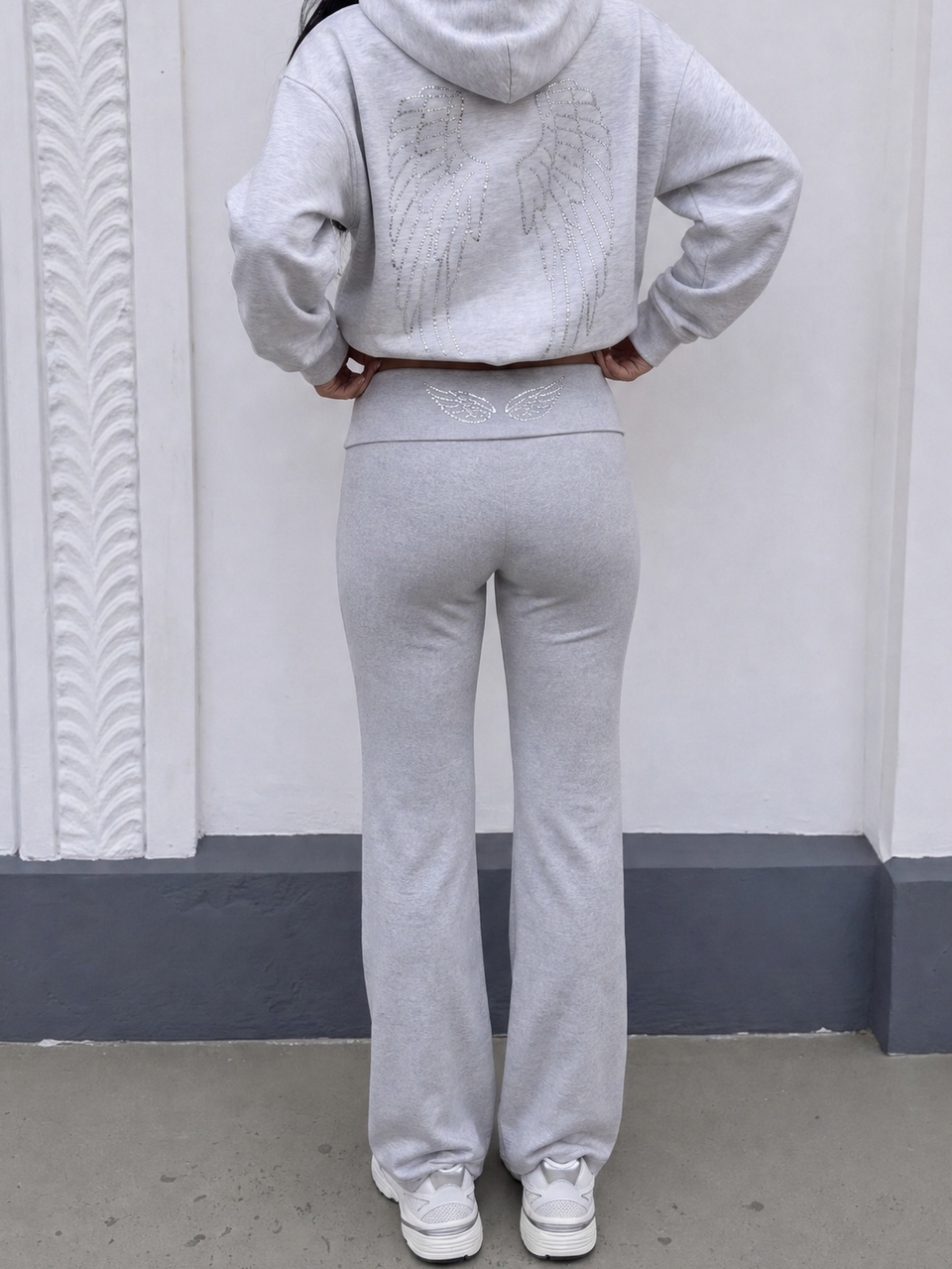 MISSGUIDED TEEN Heather Grey Flared Flare Leg Fold Over Waistband Casual Pants With Sequin Angel Wing Detail Full Length Stretch Knit Bootcut Trousers