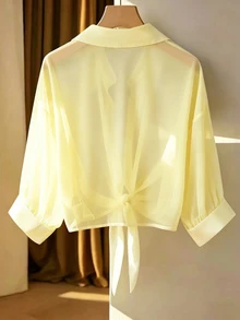 Franclia Women's Casual Versatile Solid Color Tie-Up Shirt - Pale Yellow - View 2