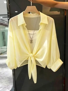 Franclia Women's Casual Versatile Solid Color Tie-Up Shirt - Pale Yellow - View 3