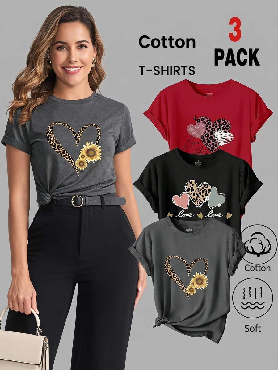 SHEIN LUNE 3pcs/Set Leopard Print, Heart And Slogan Graphic Casual T-Shirt Tops - Multicolor - View 1