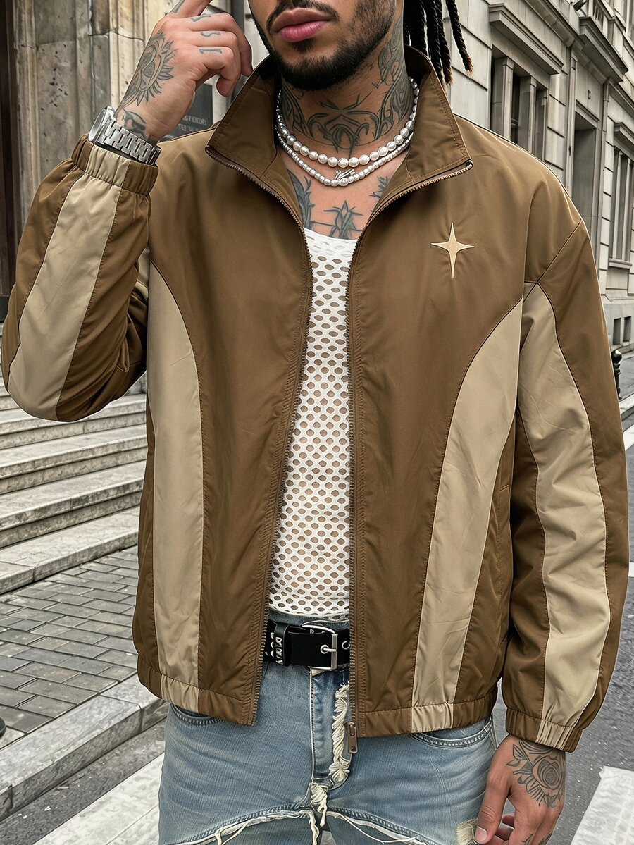 AXEPEAK Men's Embroidered Contrast Color Zipper Placket Long Sleeve Versatile Jacket, Spring, Windbreaker, Outdoor - Brown - View 1