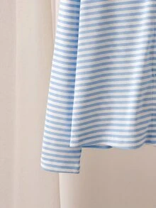 青少年女孩休閒百搭日常居家換季套裝，開襟開襟開衫、修身背心與寬鬆短褲，藍色條紋 3 件套 - 藍色 - 查看 3