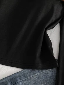 SHEIN 1件女款美式酷風休閒街頭約會款 春/秋配色拼接豹紋毛絨拼接露肩收腰短版長袖上衣 - 黑色 - 查看 5