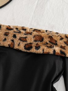 SHEIN 1件女款美式酷風休閒街頭約會款 春/秋配色拼接豹紋毛絨拼接露肩收腰短版長袖上衣 - 黑色 - 查看 6