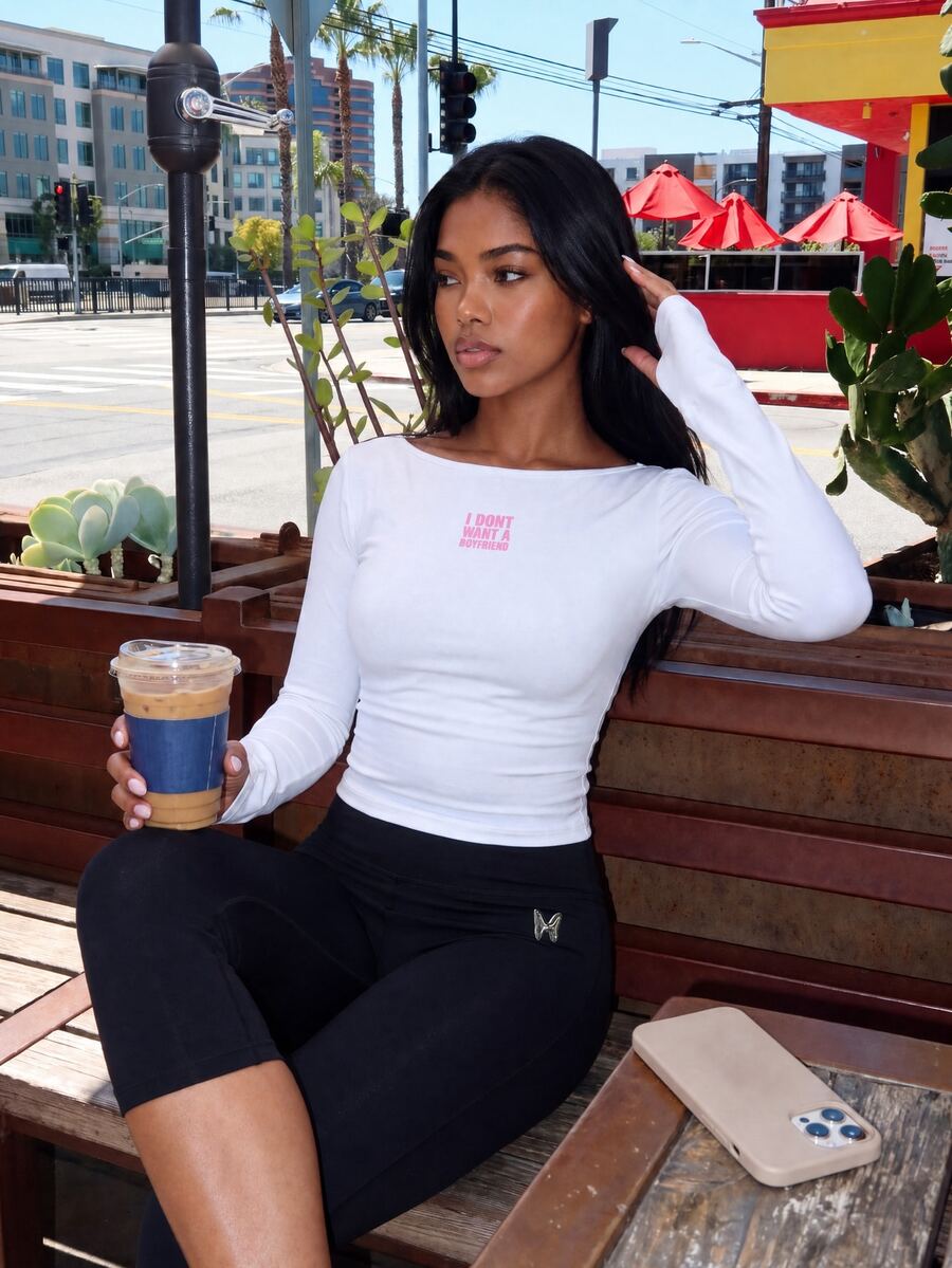 MISSGUIDED TEEN Long Sleeve Boat Neck Crop Top With Chest Slogan Print Slim Fit Casual Night Out Spring Summer Party Top - White - View 1