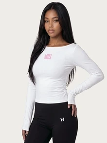 MISSGUIDED TEEN 長袖船領短版上衣，胸前標語印花，修身休閒，適合春夏季夜晚外出與派對穿著 - 白色 - 查看 4