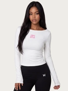 MISSGUIDED TEEN 長袖船領短版上衣，胸前標語印花，修身休閒，適合春夏季夜晚外出與派對穿著 - 白色 - 查看 5