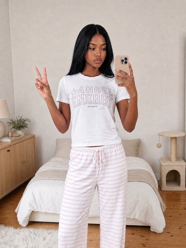 MISSGUIDED TEEN Angel Energy New York City grafiskt tryck rundhals kortärmad casual lounge T-shirt perfekt för vår och sommar som sovkläder och pyjamasnätter