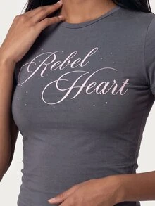 MISSGUIDED TEEN Rebel Heart Script Print Rhinestone Embellished Crew Neck Short Sleeve Fitted Crop T-Shirt Summer Festival Style - Dark Grey - View 5