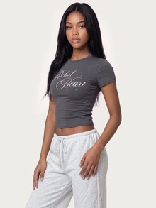 MISSGUIDED TEEN Rebel Heart Script Print Rhinestone Embellished Crew Neck Short Sleeve Fitted Crop T-Shirt Summer Festival Style - Dark Grey - View 4
