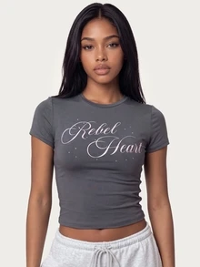 MISSGUIDED TEEN Rebel Heart Script Print Rhinestone Embellished Crew Neck Short Sleeve Fitted Crop T-Shirt Summer Festival Style - Dark Grey - View 2