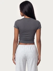 MISSGUIDED TEEN Rebel Heart Script Print Rhinestone Embellished Crew Neck Short Sleeve Fitted Crop T-Shirt Summer Festival Style - Dark Grey - View 3