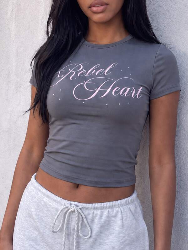 MISSGUIDED TEEN Rebel Heart Script Print Rhinestone Embellished Crew Neck Short Sleeve Fitted Crop T-Shirt Summer Festival Style