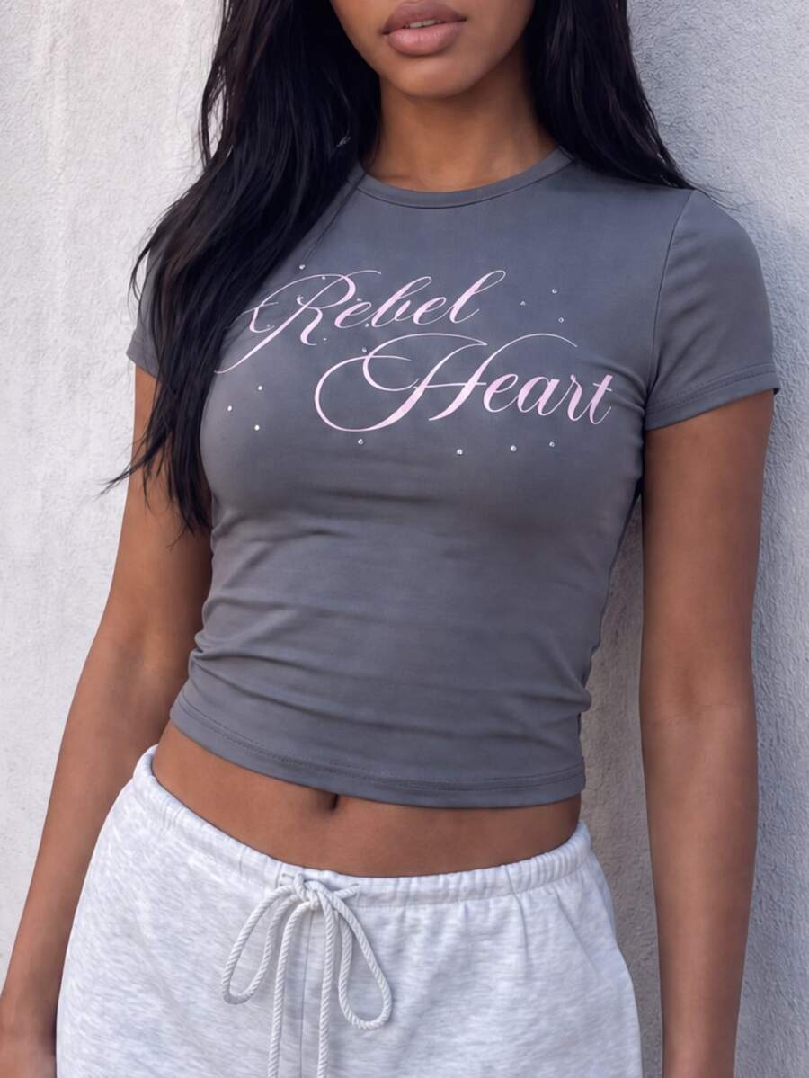 MISSGUIDED TEEN Rebel Heart Script Print Rhinestone Embellished Crew Neck Short Sleeve Fitted Crop T-Shirt Summer Festival Style - Dark Grey - View 1