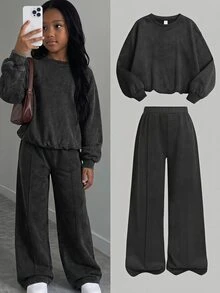 SHEIN 青少年女孩連帽衫與運動衫套裝 秋冬新款 黑色仿雪花 寬鬆圓領運動衫與運動長褲套組 - 黑色 - 查看 7