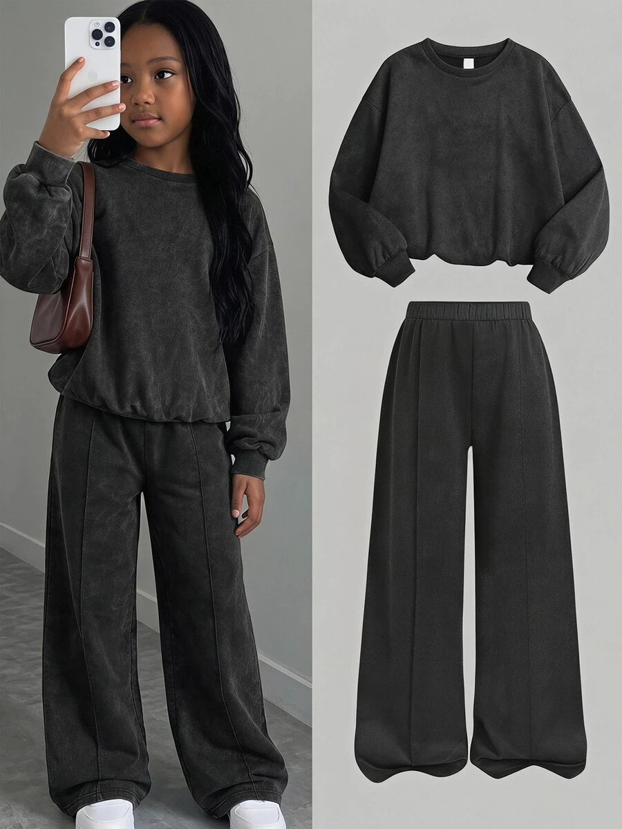SHEIN Tween Girls Hoodie & Sweatshirt Co-Ords Autumn/Winter New Black Faux Snowflake Loose Round Neck Sweatshirt & Sweatpants Set - Black - View 1
