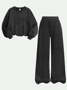 SHEIN 青少年女孩連帽衫與運動衫套裝 秋冬新款 黑色仿雪花 寬鬆圓領運動衫與運動長褲套組 - 黑色 - 查看 3