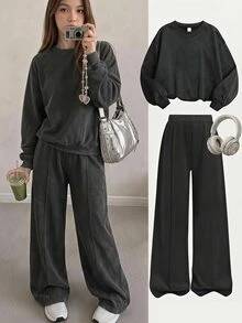 SHEIN 青少年女孩連帽衫與運動衫套裝 秋冬新款 黑色仿雪花 寬鬆圓領運動衫與運動長褲套組 - 黑色 - 查看 1
