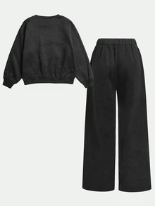 SHEIN 青少年女孩連帽衫與運動衫套裝 秋冬新款 黑色仿雪花 寬鬆圓領運動衫與運動長褲套組 - 黑色 - 查看 2
