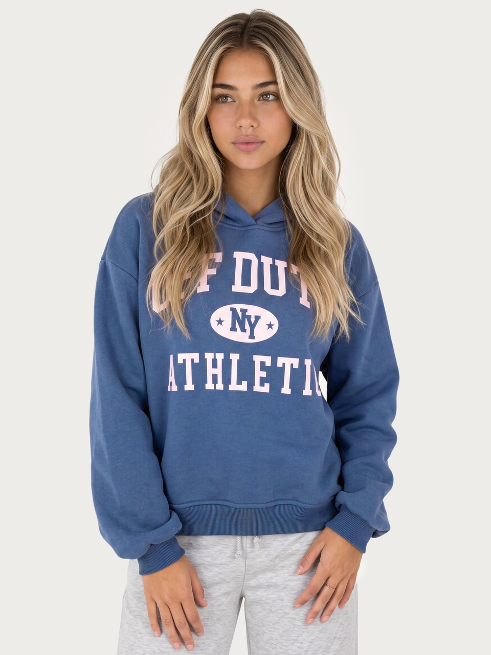 MISSGUIDED TEEN Off Duty NY Athletic Oversized Washed Sweatshirt With Full Front Slogan Print Hooded Long Sleeve Pullover Sweatshirt Fall Winter Casual