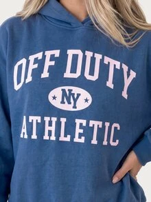MISSGUIDED TEEN Off Duty NY Athletic Oversized Washed Sweatshirt With Full Front Slogan Print Hooded Long Sleeve Pullover Fall Winter Casual Lounge Light Grey - Grey - View 4