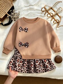 Young Girl Dress With Brown Sweatshirt Fabric And Leopard-Print PanelingFall/Winter Style. Simple And Comfortable, Perfect For . - Brown - View 1