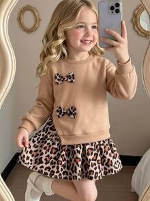 Young Girl Dress With Brown Sweatshirt Fabric And Leopard-Print PanelingFall/Winter Style. Simple And Comfortable, Perfect For . - Brown - View 3