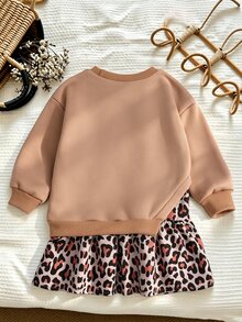 Young Girl Dress With Brown Sweatshirt Fabric And Leopard-Print PanelingFall/Winter Style. Simple And Comfortable, Perfect For . - Brown - View 2