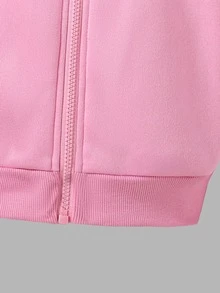 SHEIN 青少年女孩秋季穿搭上衣 休閒時尚針織連帽拉鍊短版衛衣 羅紋袖口與下擺 - 粉色 - 查看 9