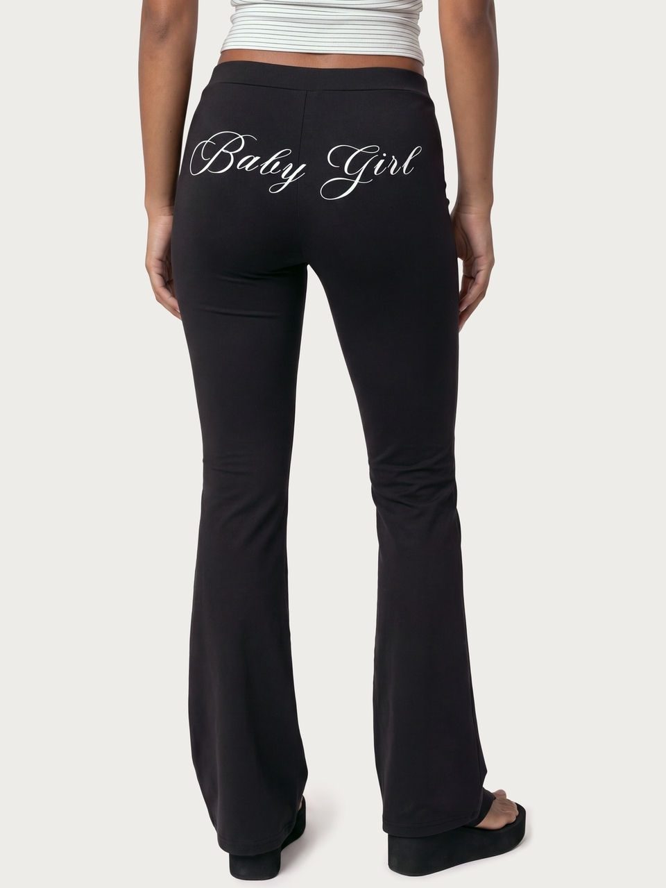 MISSGUIDED TEEN Flared Leggings With Cursive Baby Girl Bum Print Mid Rise Stretch Fit Full Length Flare Hem Casual Style