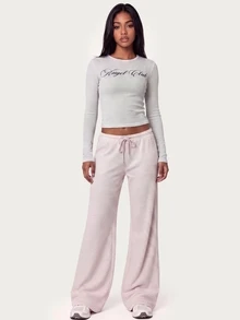 MISSGUIDED TEEN Angel Club 字母胸前印花圓領長袖修身華夫格針織短版上衣，適合休閒日常穿著 - 灰色 - 查看 6