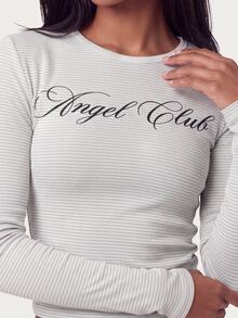 MISSGUIDED TEEN Angel Club 字母胸前印花圓領長袖修身華夫格針織短版上衣，適合休閒日常穿著 - 灰色 - 查看 5