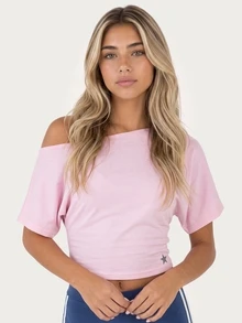 MISSGUIDED TEEN Off-Shoulder Cropped Boxy T-Shirt With Boat Neckline And Short Sleeves Perfect For Summer Casual Everyday Wear - Baby Pink - View 6