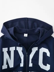 2件組青少年女孩套裝 連帽長袖拉鍊夾克，收腰與收口設計，短版連帽衫，彈性腰寬鬆寬腿休閒運動褲，秋季 - 藏蓝色 - 查看 5