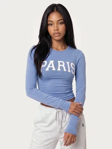 MISSGUIDED TEEN 巴黎圖案胸前印花長袖短版上衣，圓領修身貼身剪裁，春夏休閒日常上衣 - 霧霾藍 - 查看 2