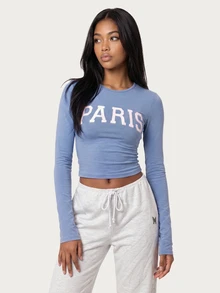 MISSGUIDED TEEN 巴黎圖案胸前印花長袖短版上衣，圓領修身貼身剪裁，春夏休閒日常上衣 - 霧霾藍 - 查看 4
