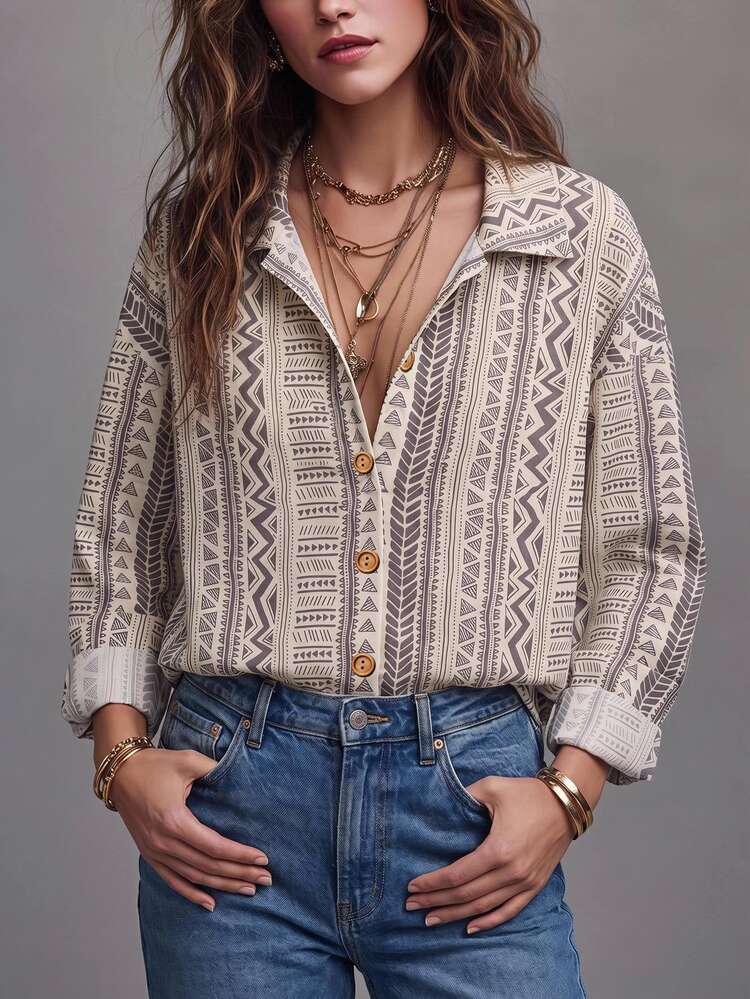 SHEIN VCAY 大尺碼女款休閒長袖鈕扣領襯衫 - 彩色 - 查看 6