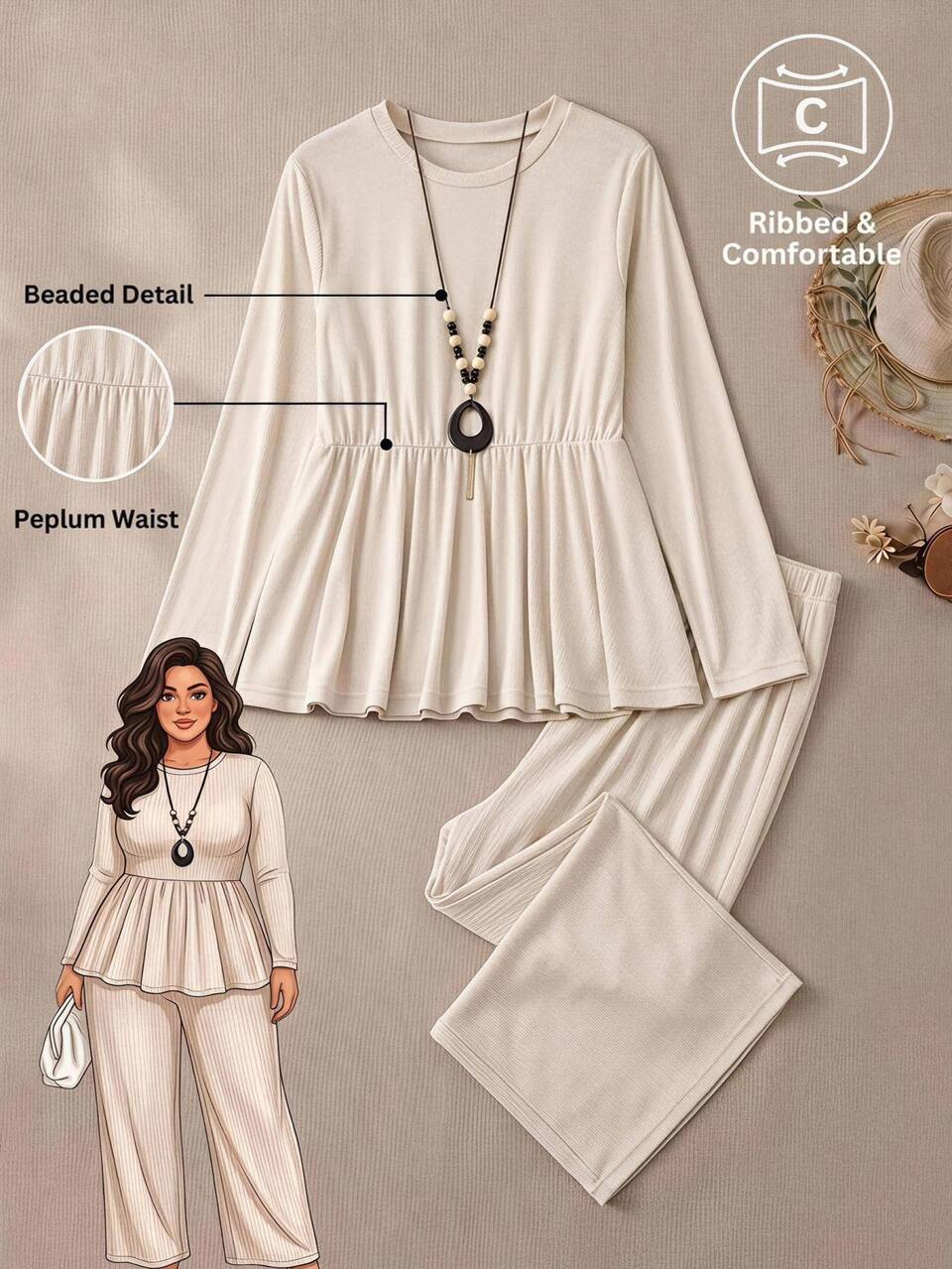 Plus Size Autumn Casual Traditional Solid Color Top And Pants 2 Pieces Set Office Formal White Sequin Fall