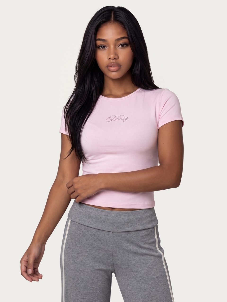 MISSGUIDED TEEN Rhinestone Honey Script Crew Neck Short Sleeve Crop T-Shirt Fitted Slim Fit Tee Summer Festival Y2K Style