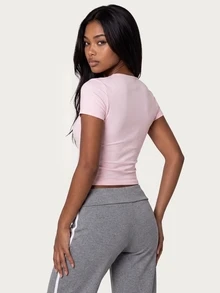 MISSGUIDED TEEN Rhinestone Honey Script Crew Neck Short Sleeve Crop T-Shirt Fitted Slim Fit Tee Summer Festival Y2K Style - Pink - View 3